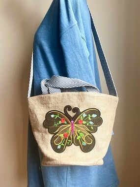 Embroidered Butterfly Jute Tote Bag - Natural